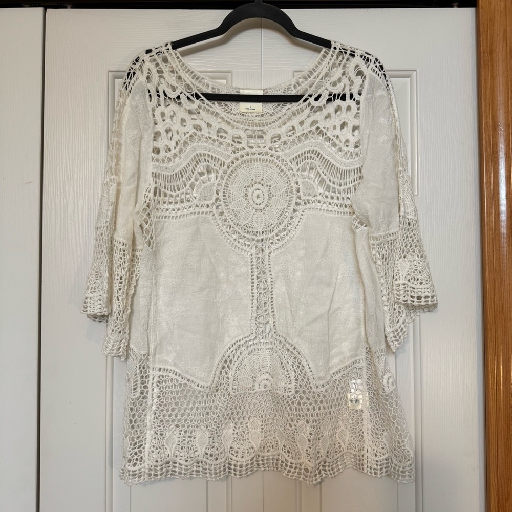 BEDFORD FAIR boho crochet‎ cotton peasant top size large